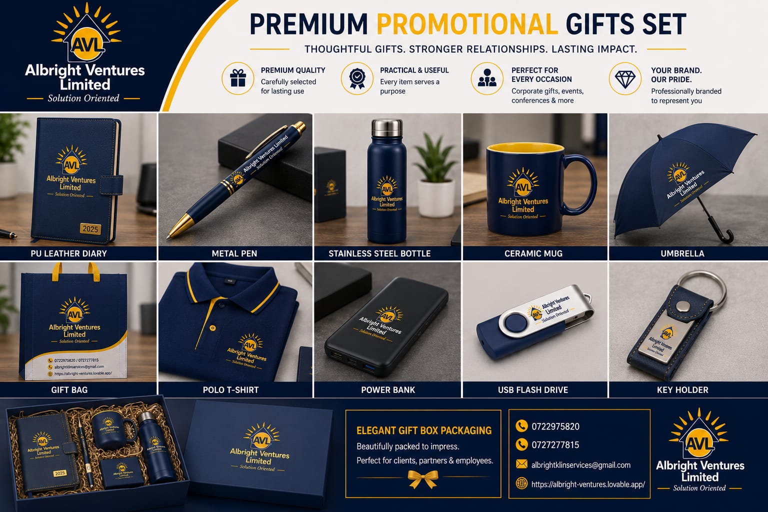 AVL premium promotional gifts set — diary, pen, bottle, mug, umbrella, polo, power bank and more