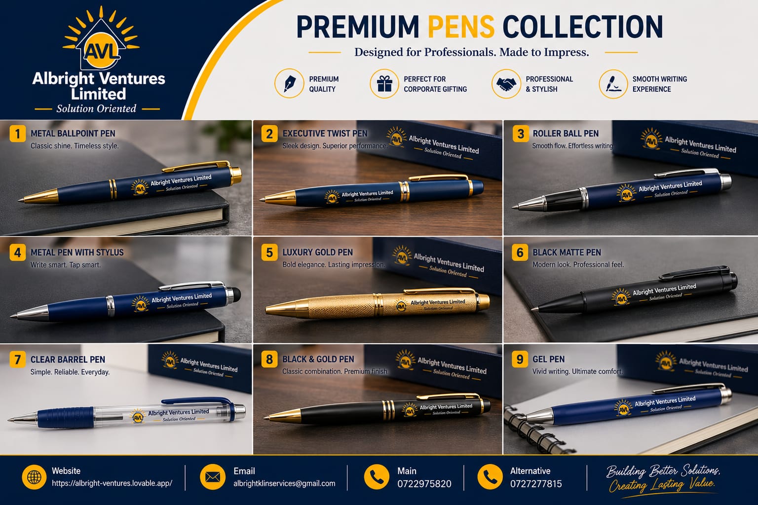 AVL premium branded pens collection — metal, twist, roller, gel and gold finishes