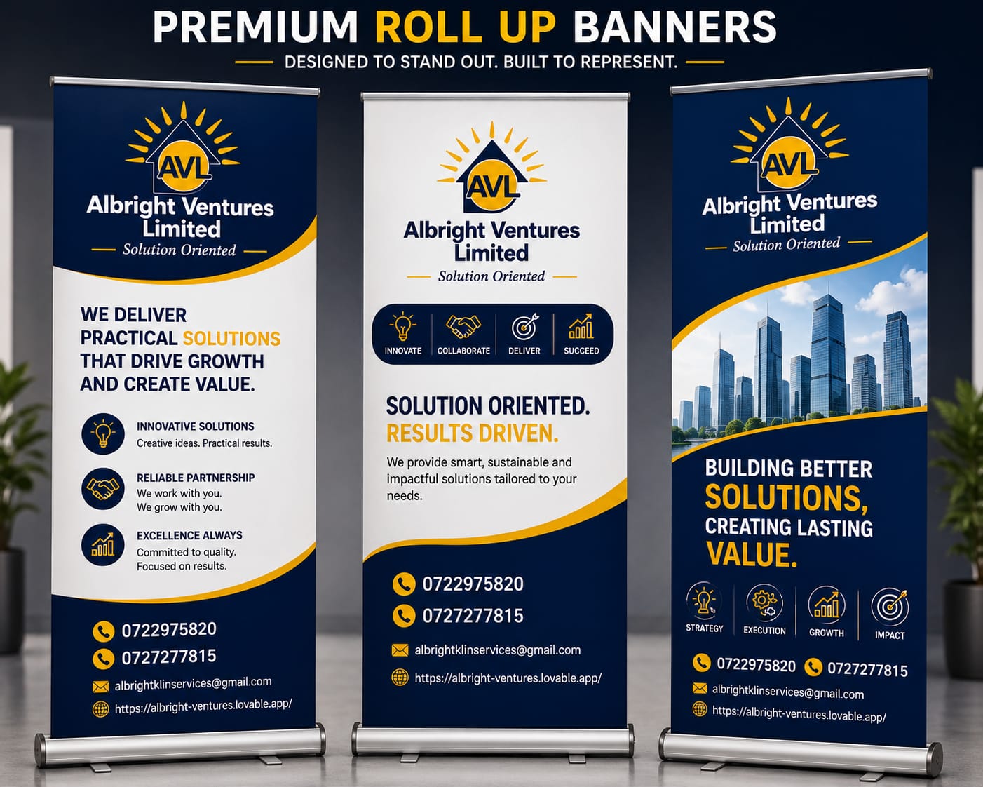 AVL premium roll-up pull-up banners in three corporate designs