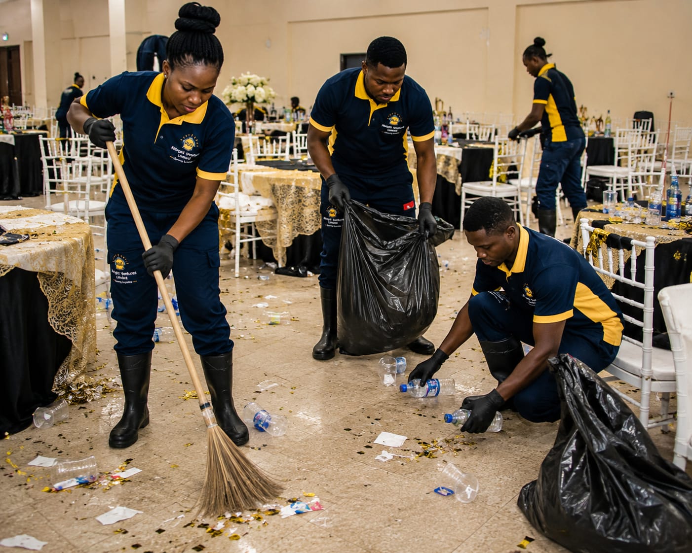 Post-event cleaning of a banquet hall by the Albright Ventures team