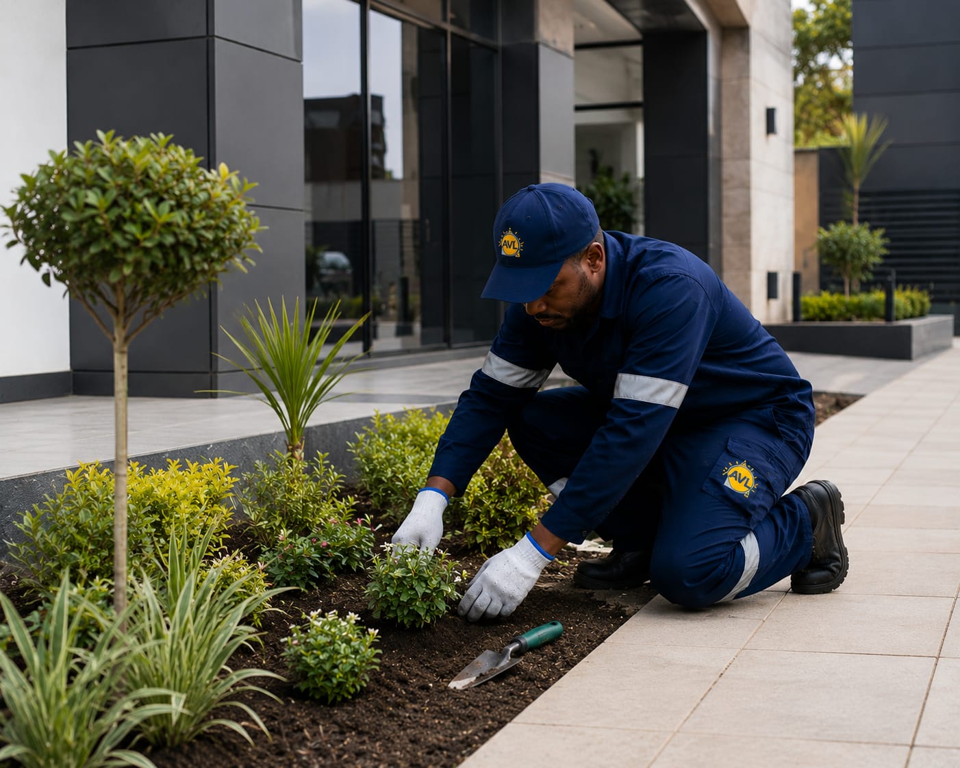 AVL landscaper planting shrubs in a flower bed at a modern office building