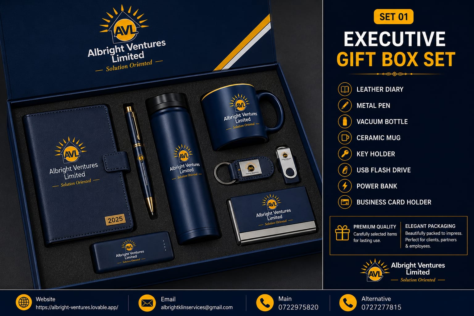 AVL Executive Gift Box Set 01 — leather diary, metal pen, vacuum bottle, mug, USB and key holder