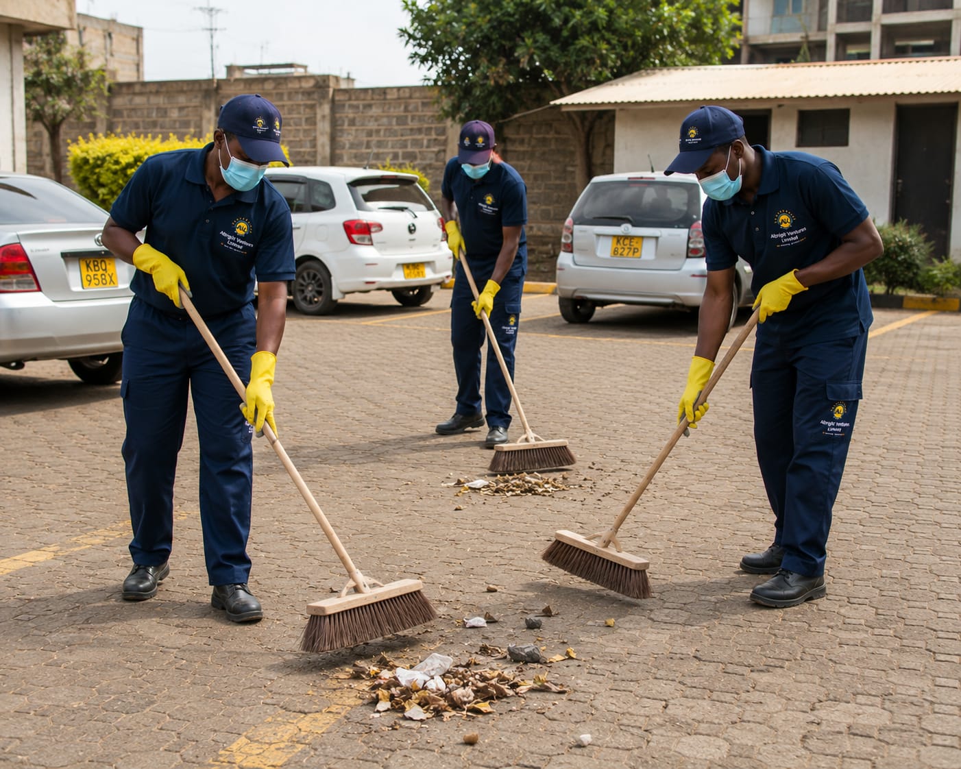 AVL cleaners sweeping a corporate parking yard in Nairobi