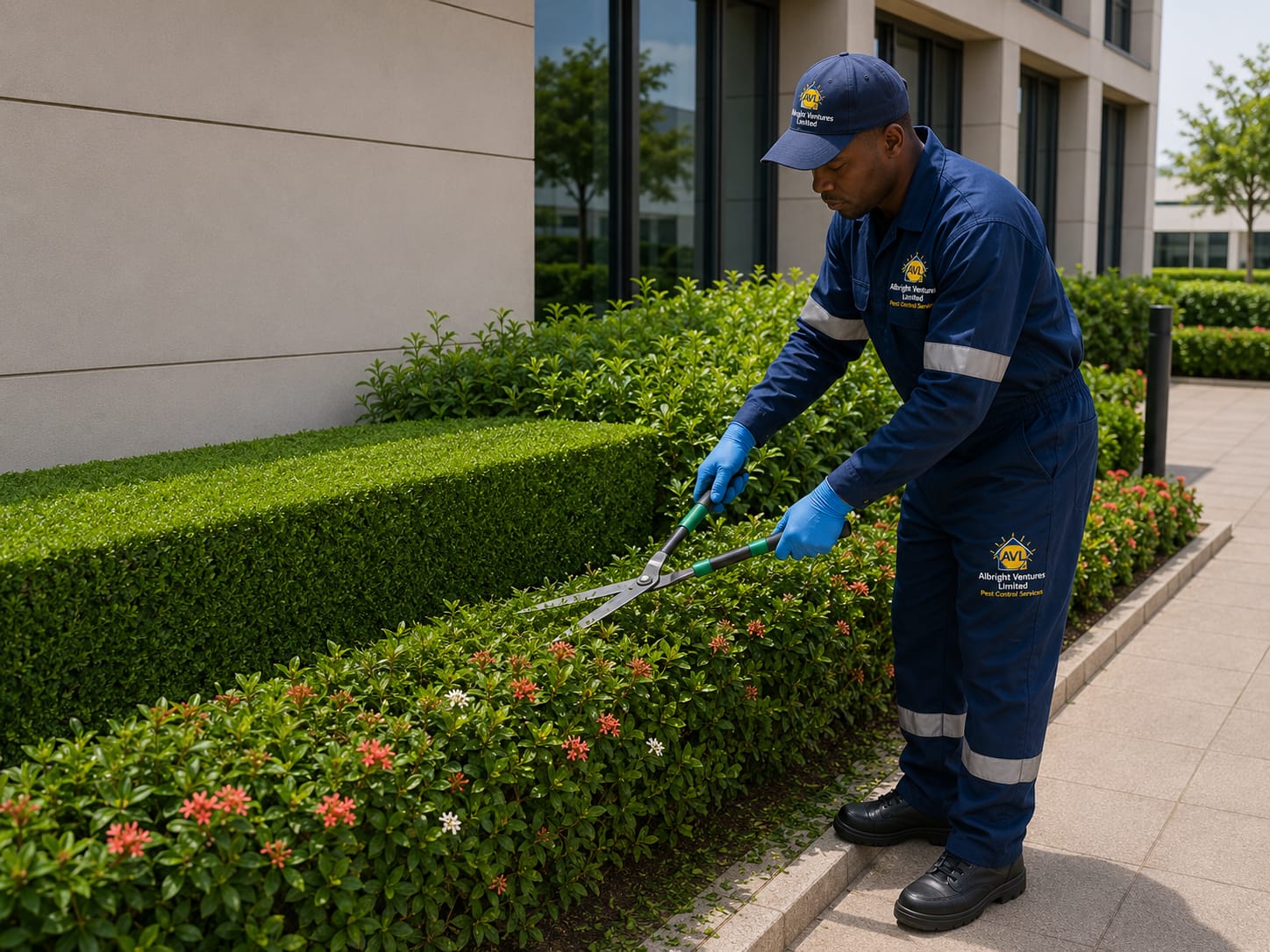 AVL technician trimming hedges outside a corporate office building