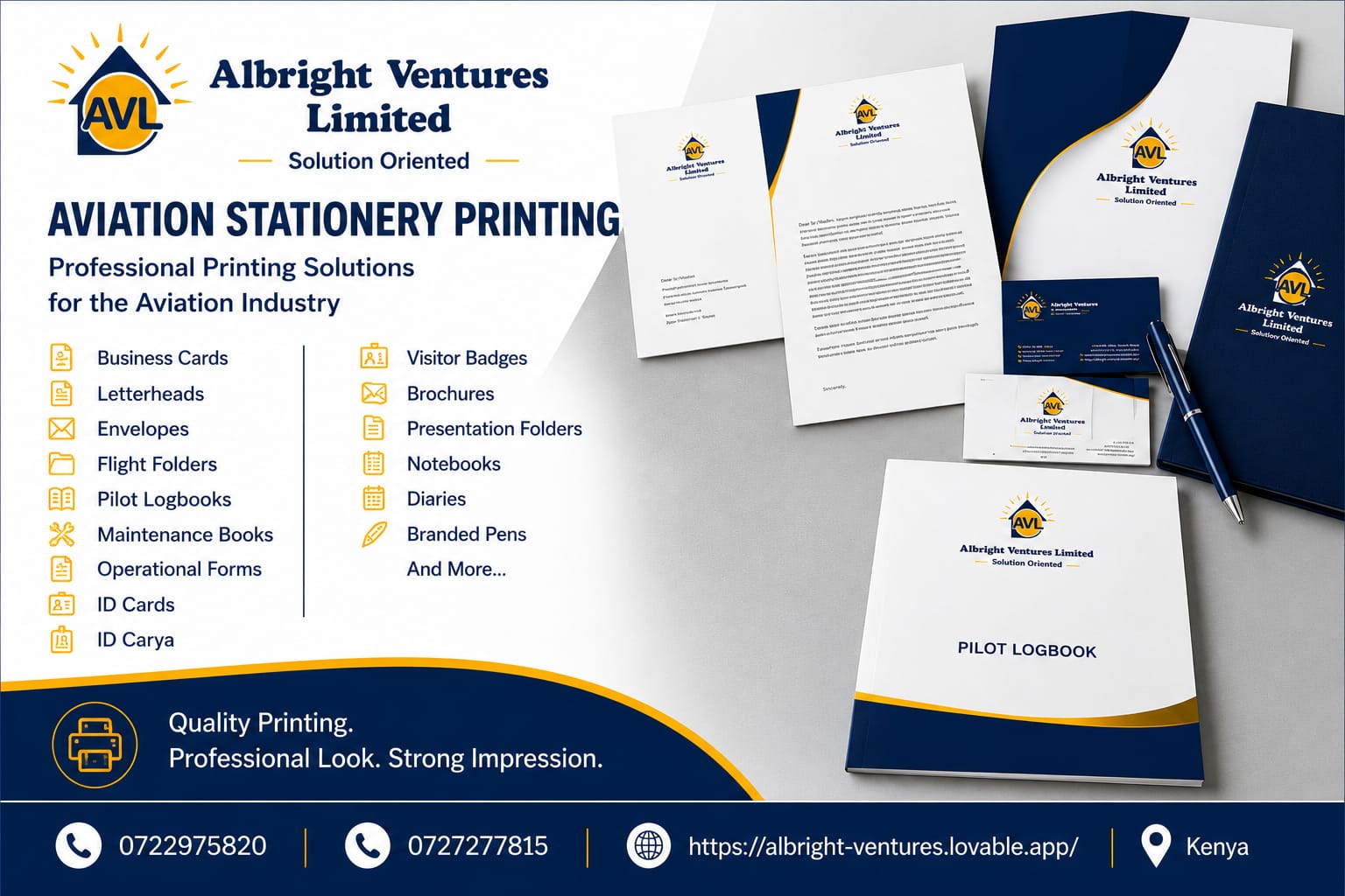 AVL aviation stationery printing — pilot logbooks, flight folders, letterheads and ID cards