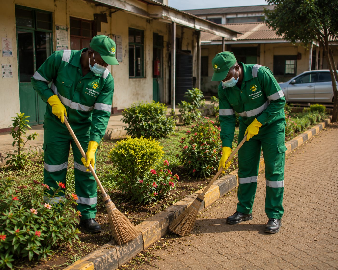 AVL grounds team sweeping walkways beside landscaped flower beds